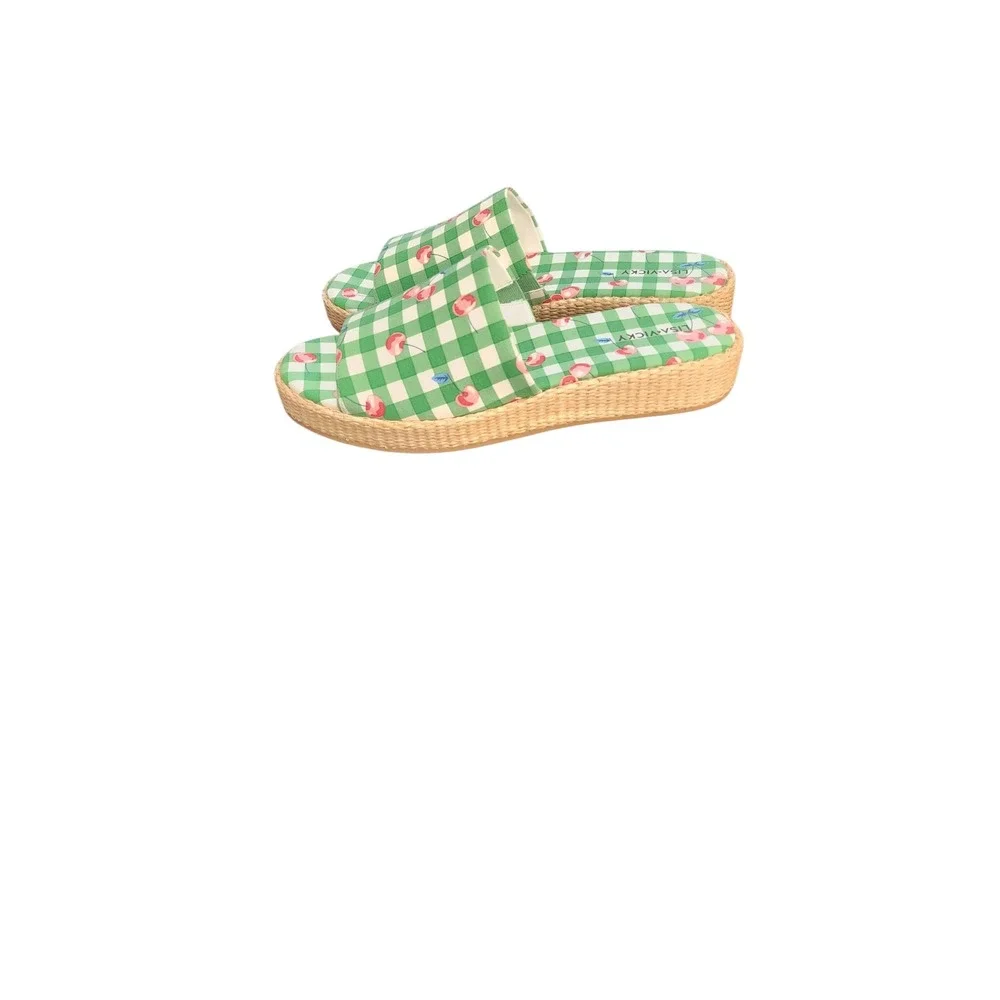 Lisa Vicky Slide Sandals Womens 11 Green Gingham Cherry Platform Excellent